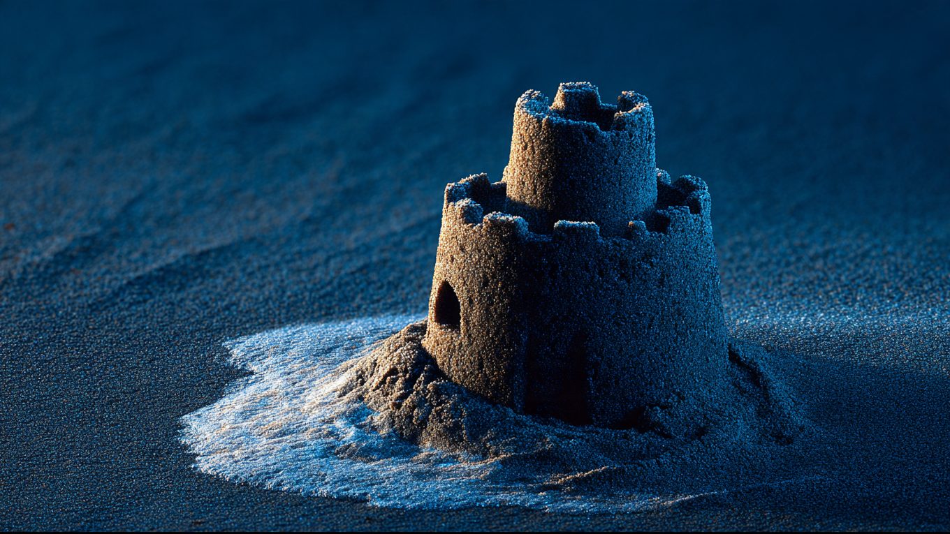 A sandcastle on a dark beach with the tide reaching its base